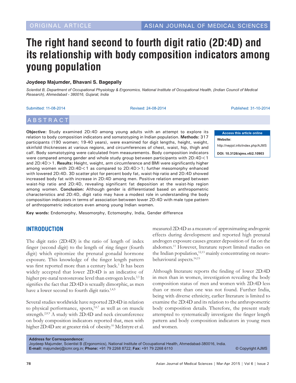 2D:4D) and Its Relationship with Body Composition Indicators Among Young Population