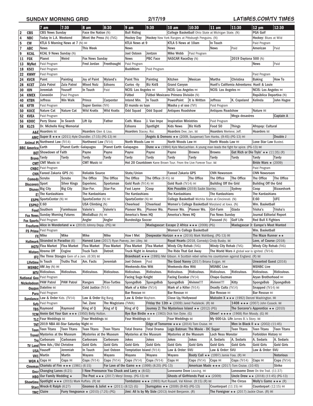 Sunday Morning Grid 2/17/19 Latimes.Com/Tv Times