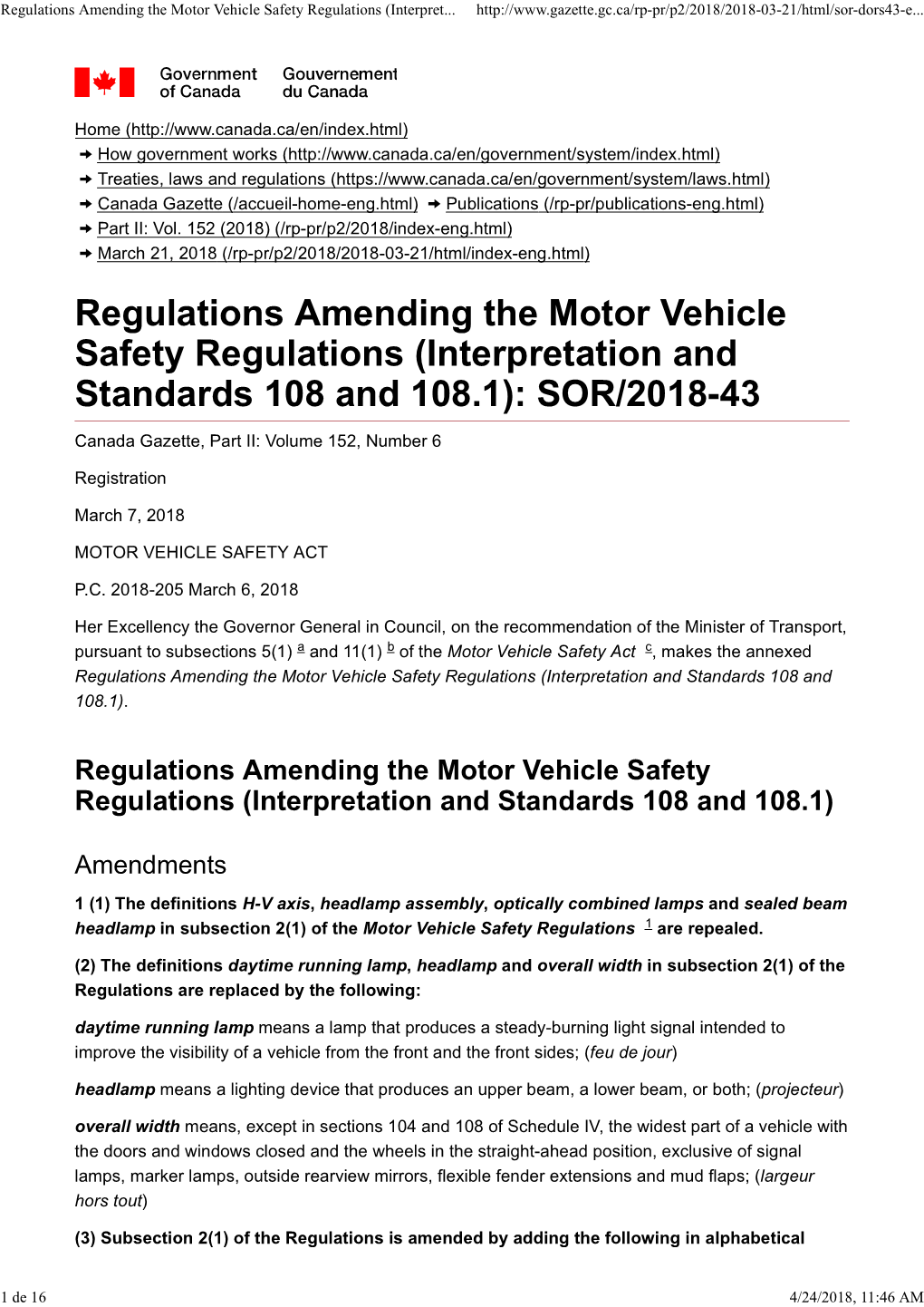Regulations Amending the Motor Vehicle Safety Regulations (Interpret