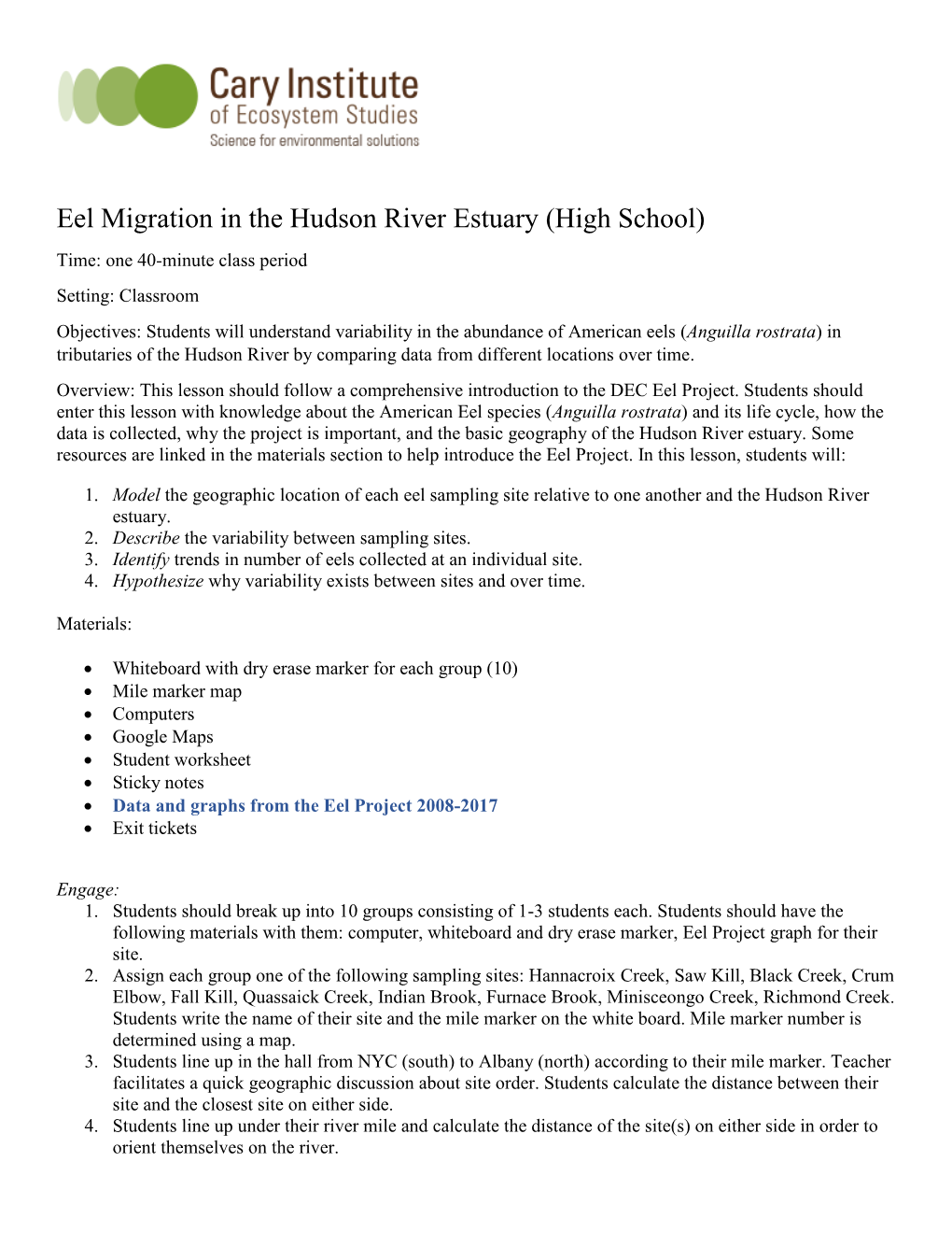 Eel Migration in the Hudson River Estuary (High School)