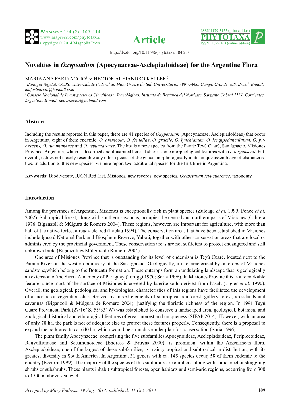 Novelties in Oxypetalum (Apocynaceae-Asclepiadoideae) for the Argentine Flora