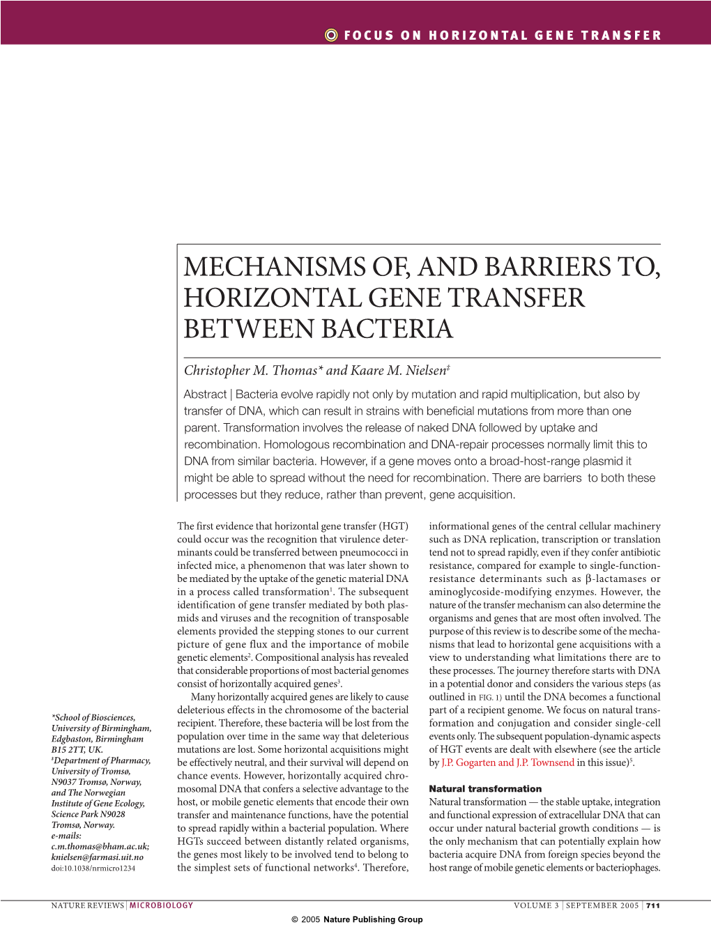 Mechanisms Of, and Barriers To, Horizontal Gene Transfer Between Bacteria