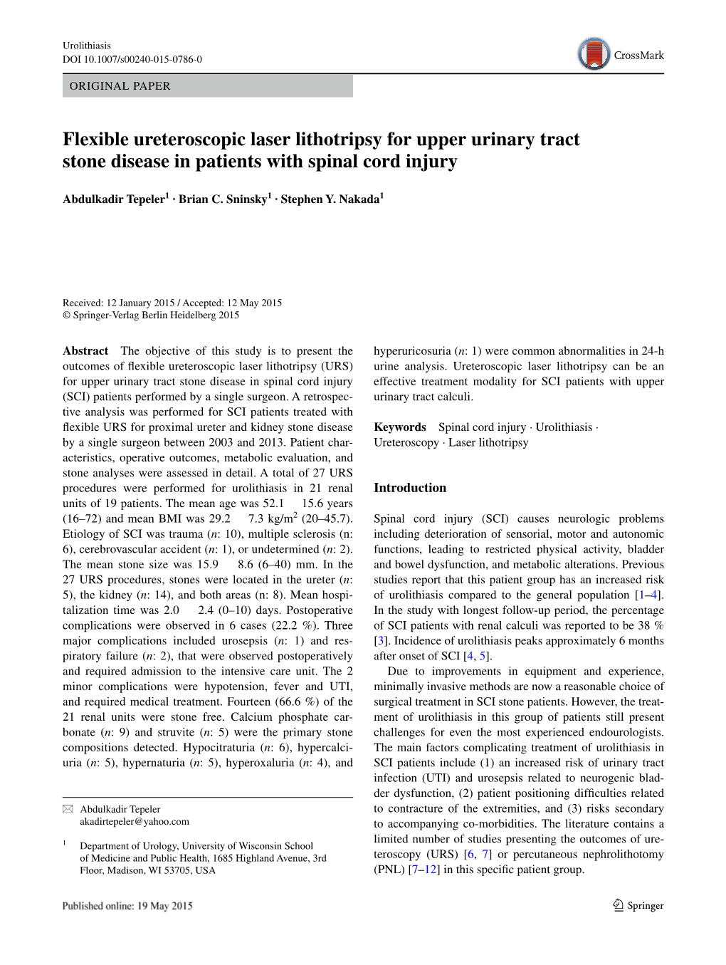 Flexible Ureteroscopic Laser Lithotripsy for Upper Urinary Tract Stone Disease in Patients with Spinal Cord Injury