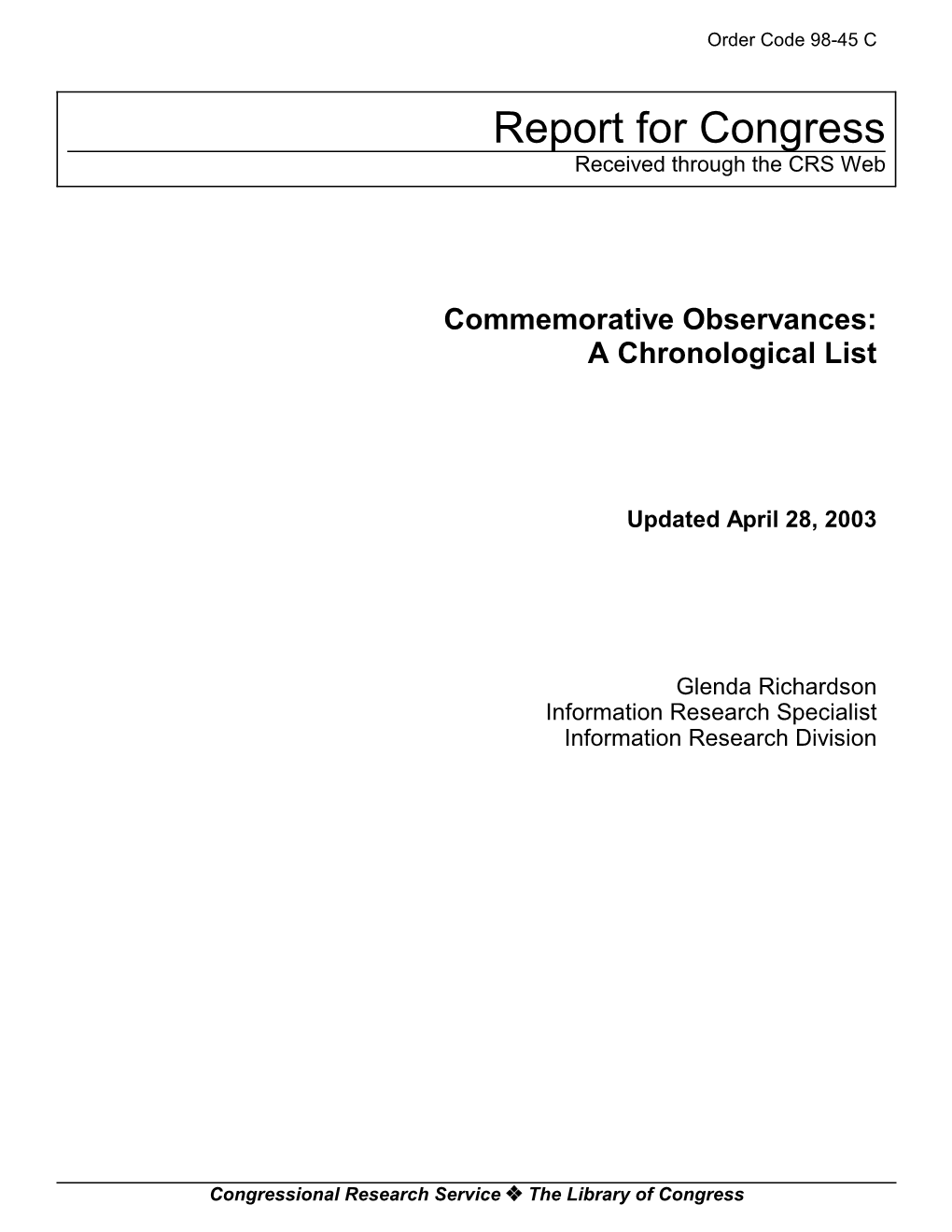 Commemorative Observances: a Chronological List