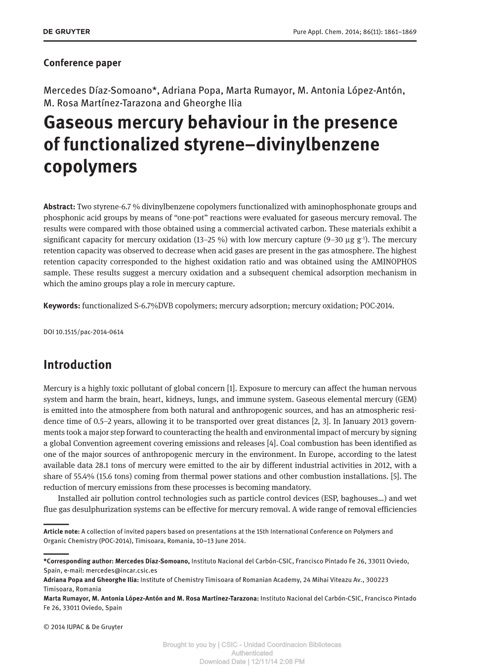 Gaseous Mercury Behaviour in the Presence of Functionalized Styrene–Divinylbenzene Copolymers