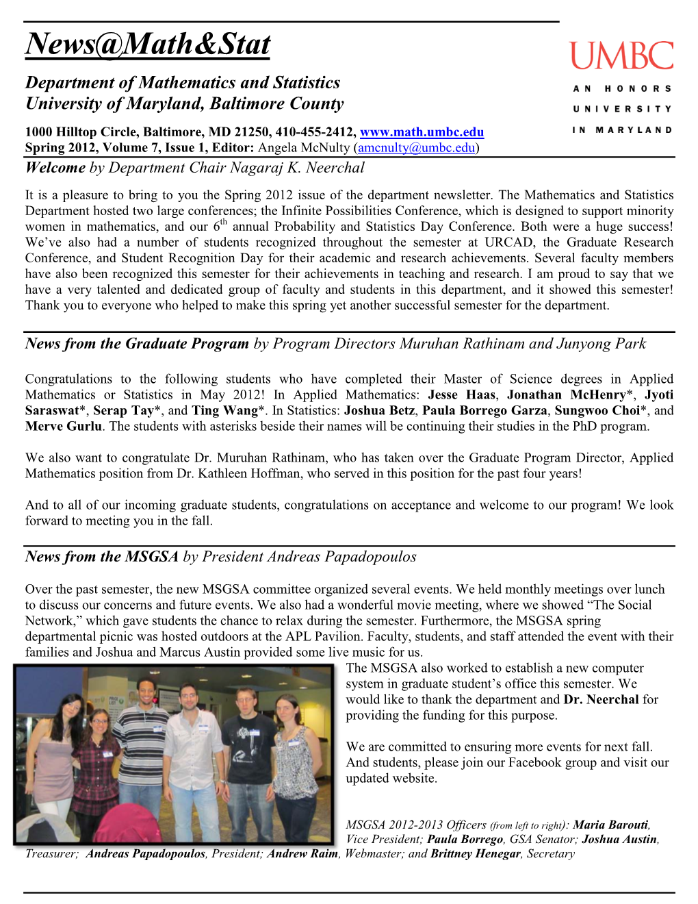 Newsletter of the Department of Mathematics and Statistics, UMBC