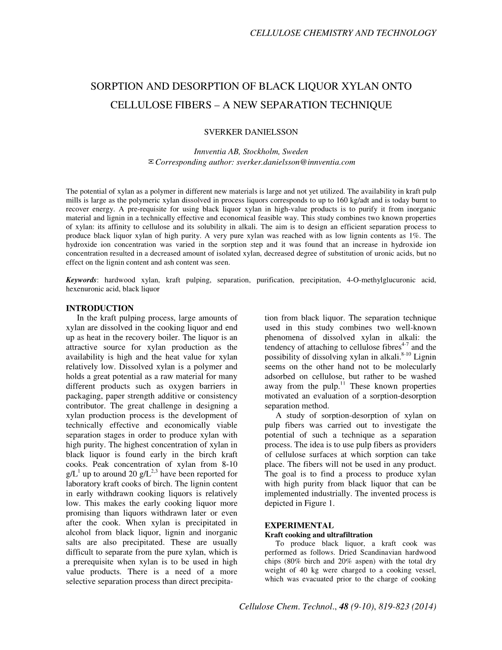 Sorption and Desorption of Black Liquor Xylan Onto Cellulose Fibers – a New Separation Technique