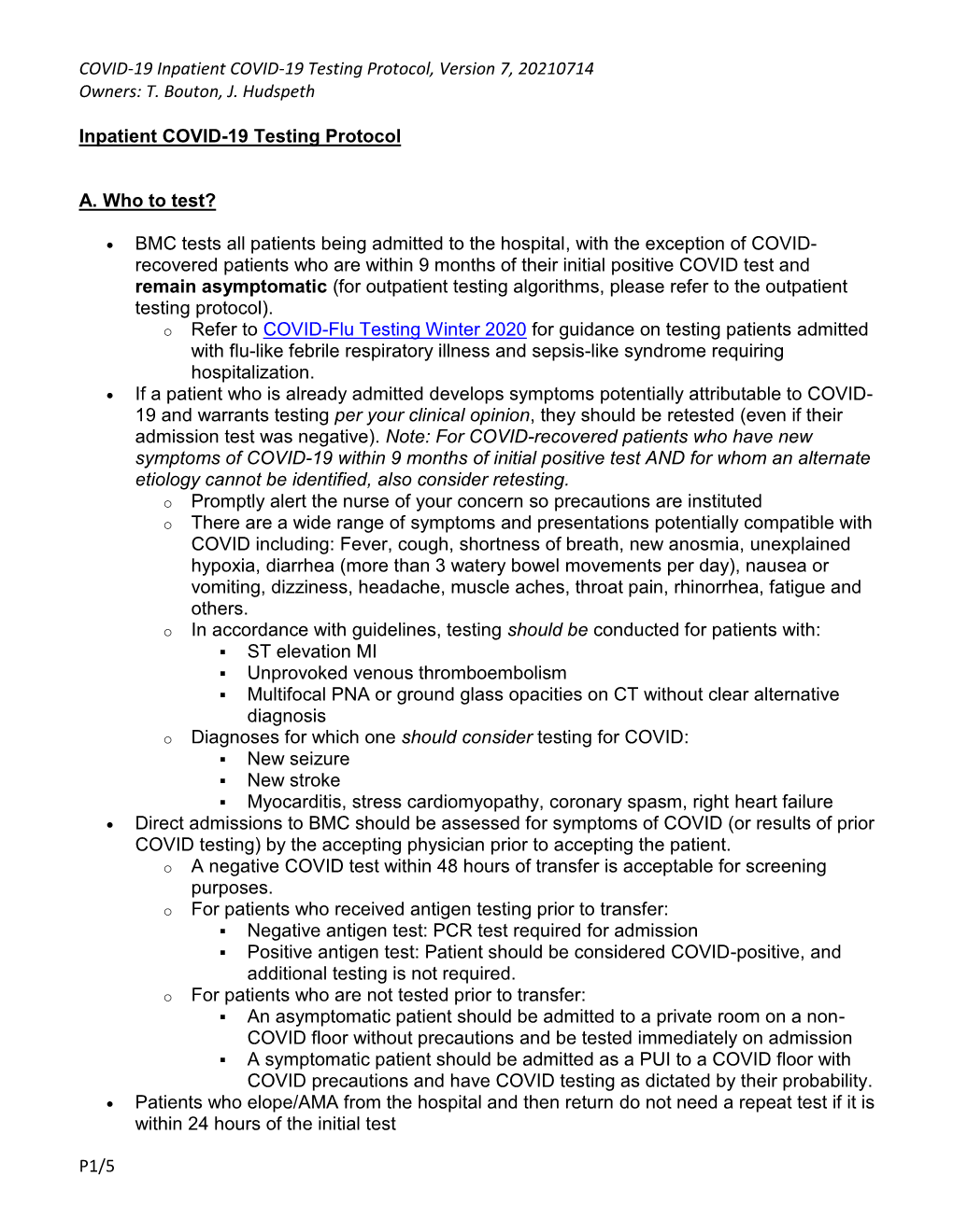 COVID 19 Inpatient Testing Guidelines