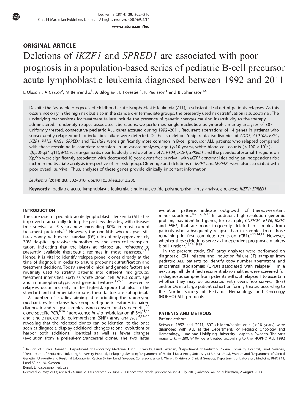 Deletions of IKZF1 and SPRED1 Are Associated with Poor Prognosis in A