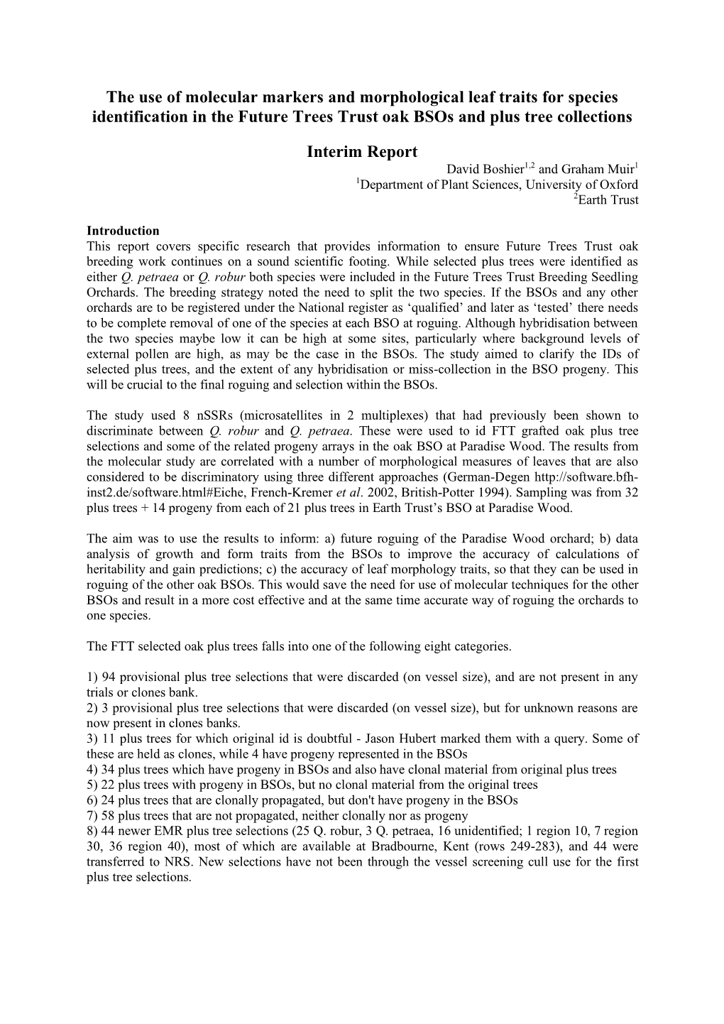 The Use of Molecular Markers and Morphological Leaf Traits for Species Identification in the Future Trees Trust Oak Bsos and Plus Tree Collections