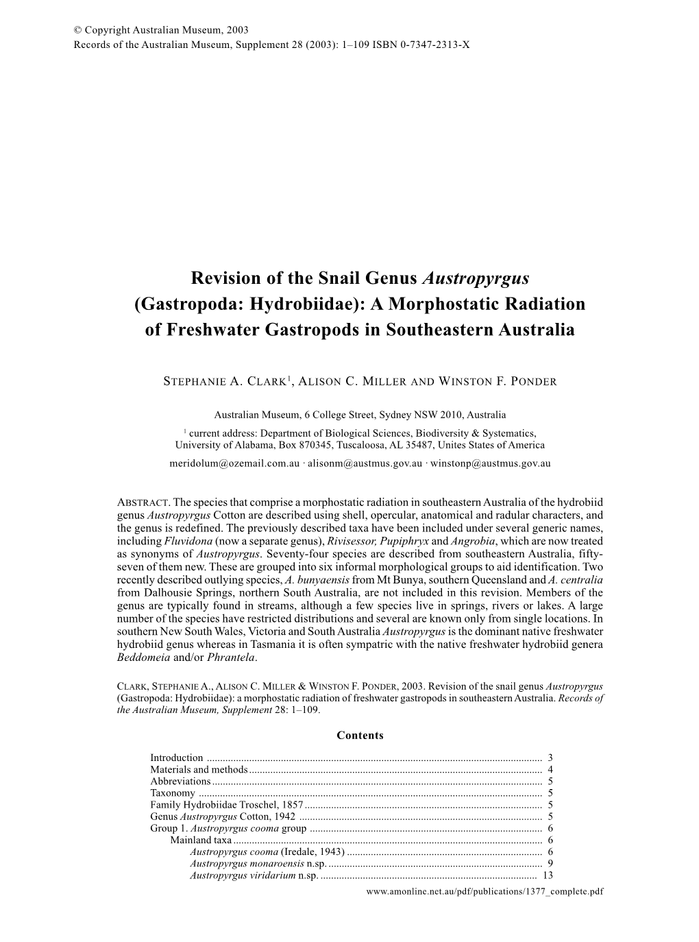 (Gastropoda: Hydrobiidae): a Morphostatic Radiation of Freshwater Gastropods in Southeastern Australia