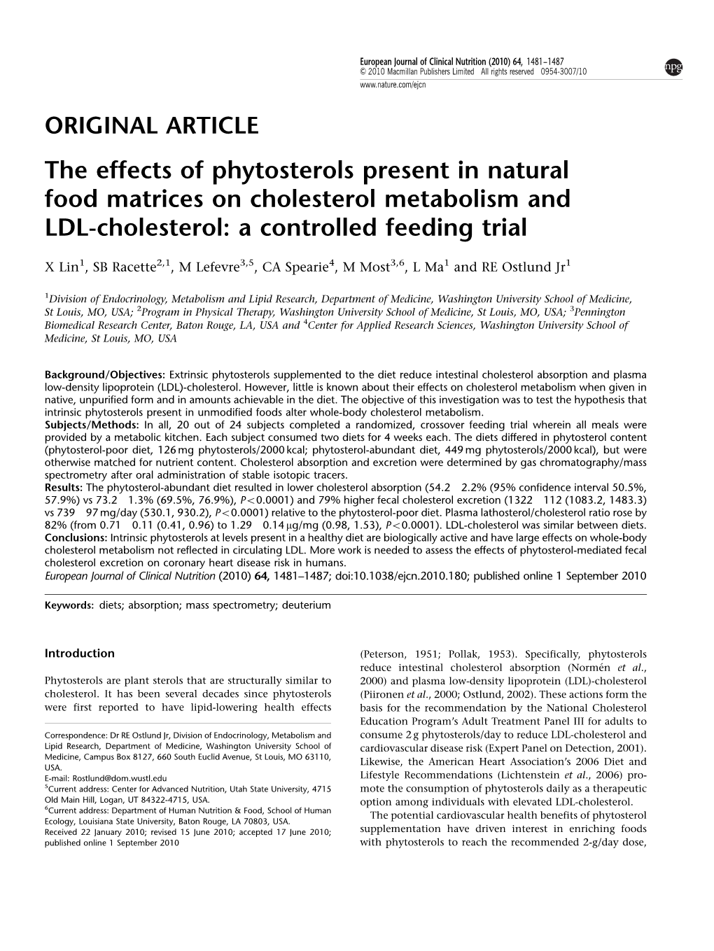 The Effects of Phytosterols Present in Natural Food Matrices on Cholesterol Metabolism and LDL-Cholesterol: a Controlled Feeding Trial