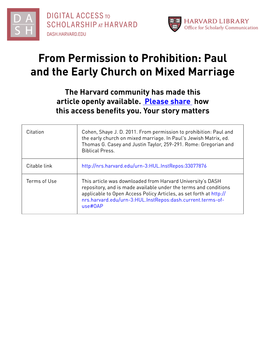 From Permission to Prohibition: Paul and the Early Church on Mixed Marriage