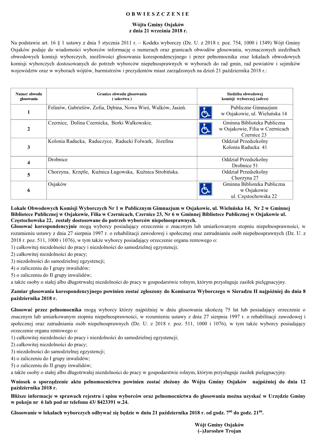 OBWIESZCZENIE Wójta Gminy Osjaków Z Dnia 21 Września 2018 R