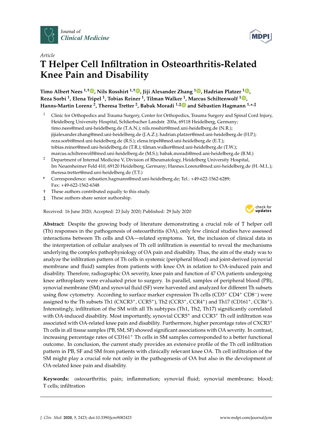 T Helper Cell Infiltration in Osteoarthritis-Related Knee Pain