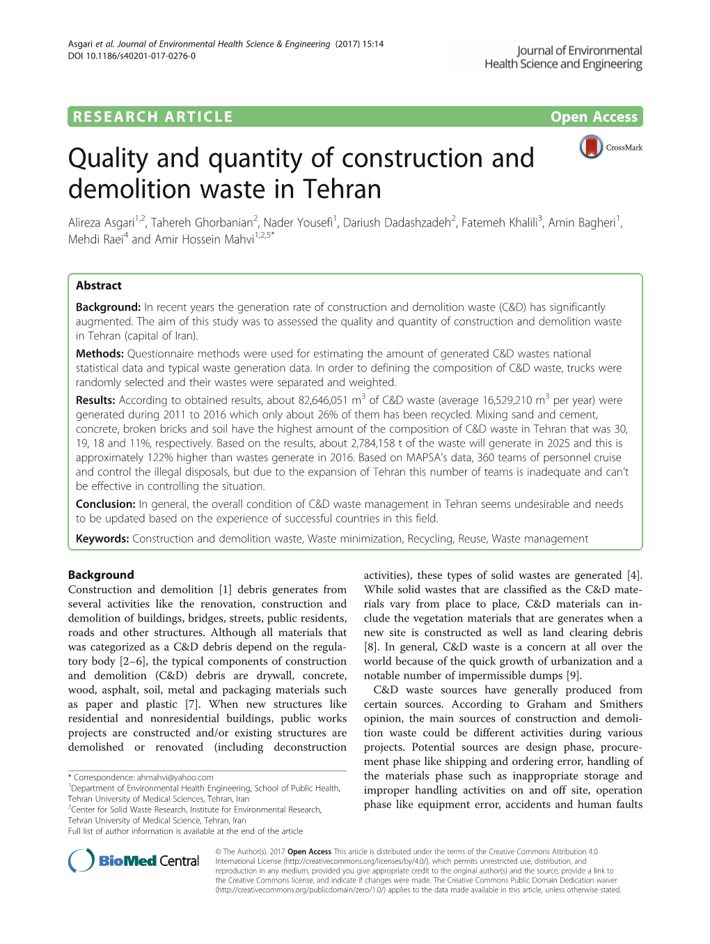 Quality and Quantity of Construction and Demolition Waste in Tehran