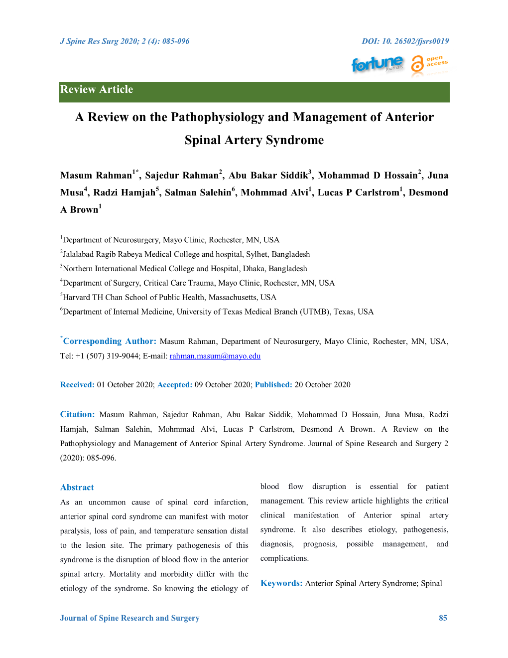 A Review on the Pathophysiology and Management of Anterior Spinal Artery Syndrome