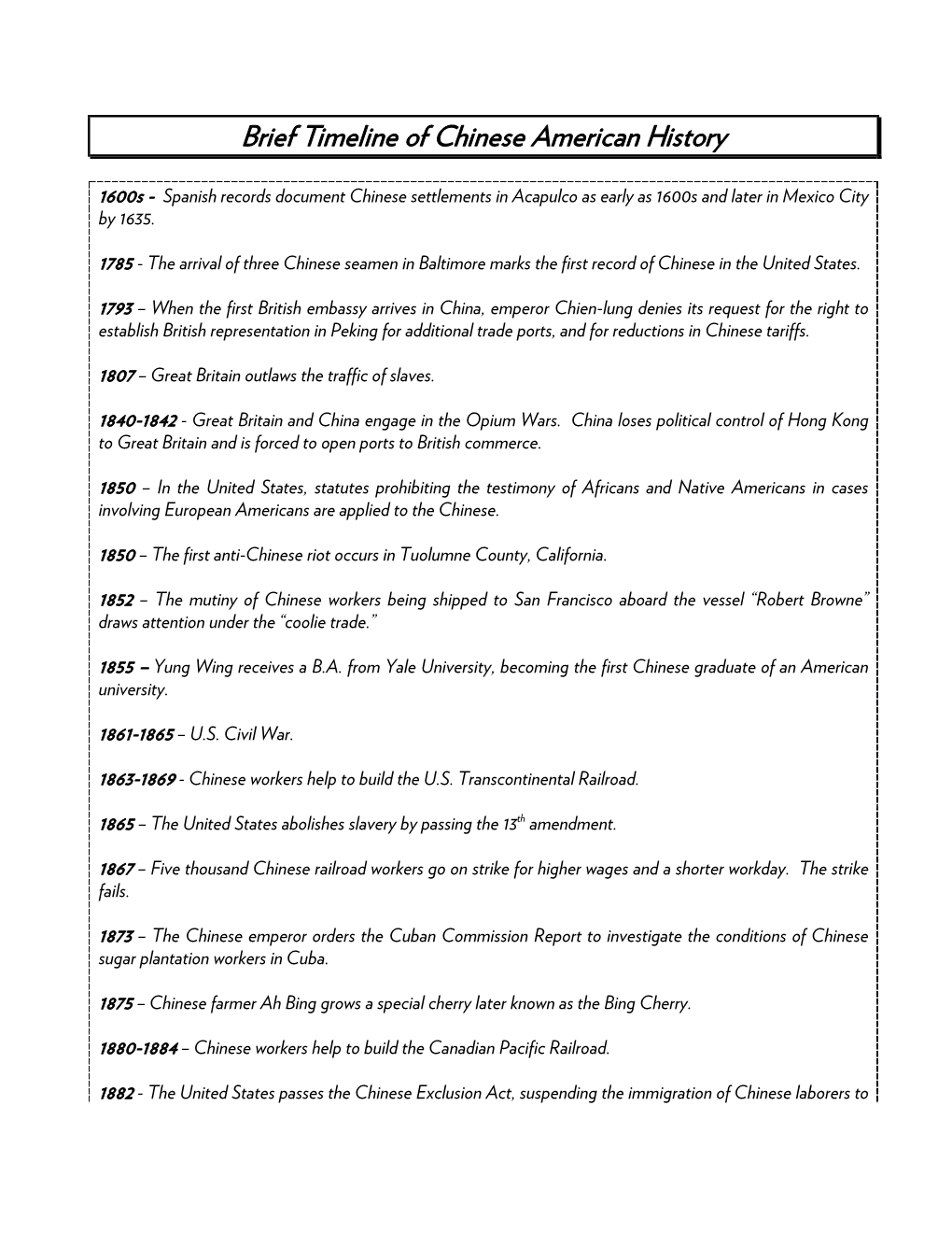 Brief Timeline of Chinese American History