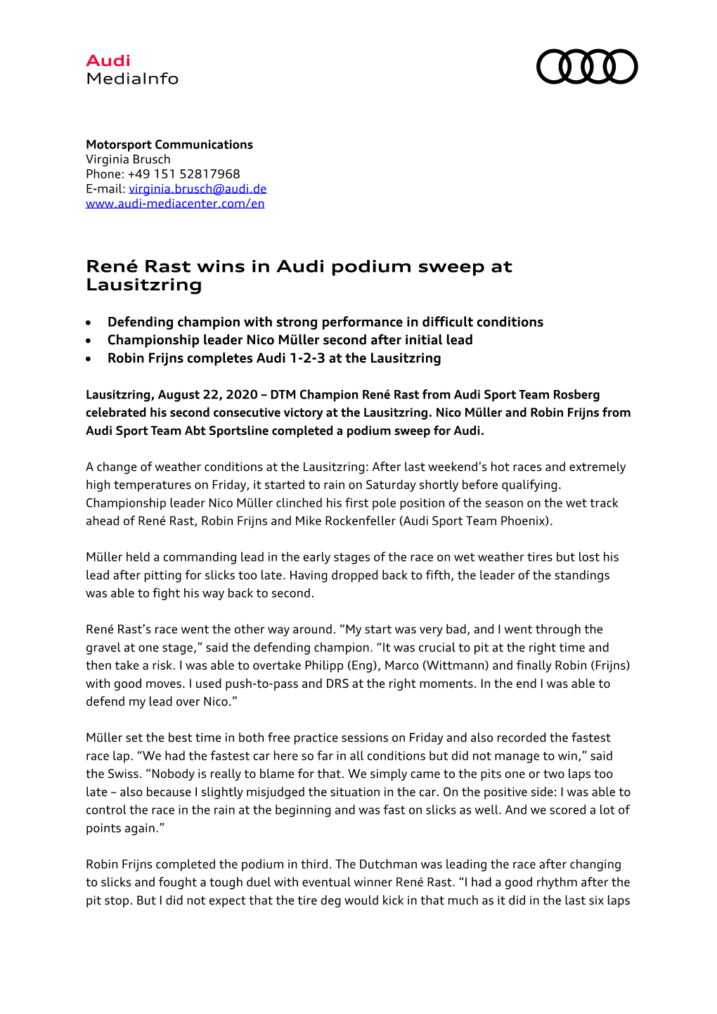 René Rast Wins in Audi Podium Sweep at Lausitzring