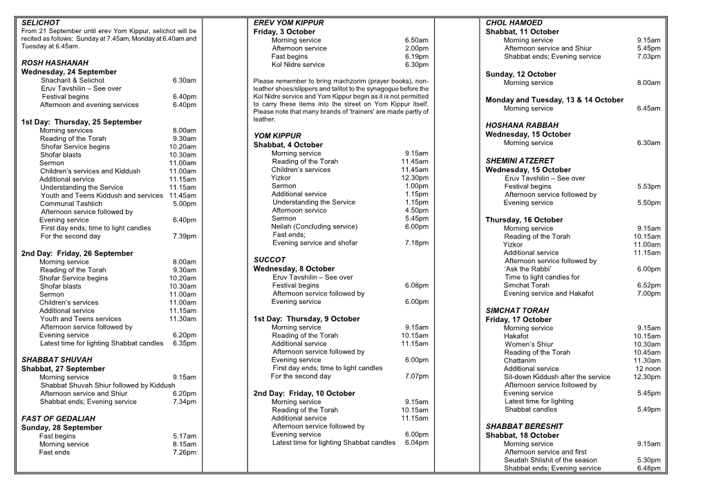 SELICHOT ROSH HASHANAH Wednesday, 24 September 1St Day: Thursday, 25 September 2Nd Day: Friday, 26 September SHABBAT SHUVAH Sh