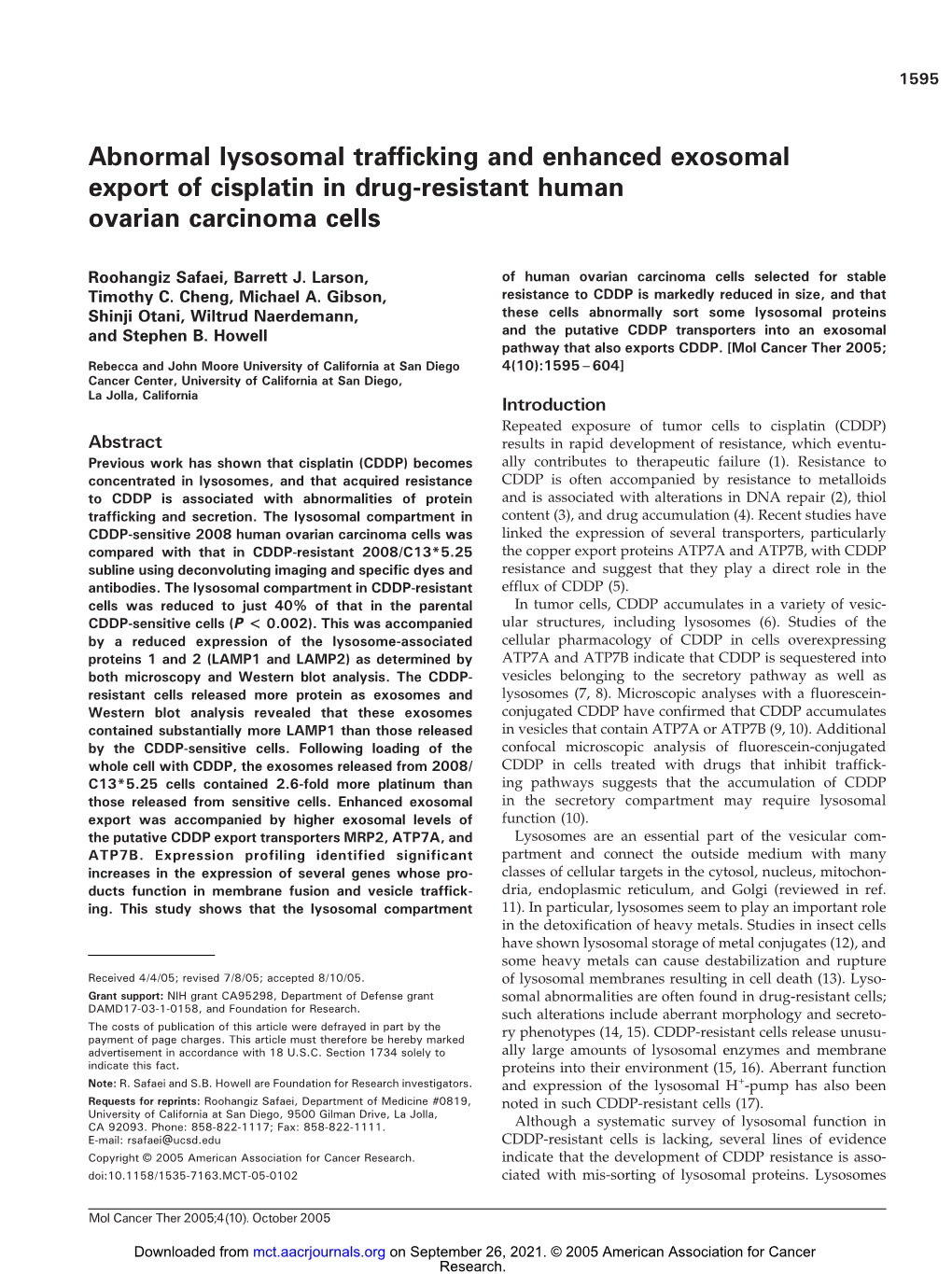 Abnormal Lysosomal Trafficking and Enhanced Exosomal Export of Cisplatin in Drug-Resistant Human Ovarian Carcinoma Cells