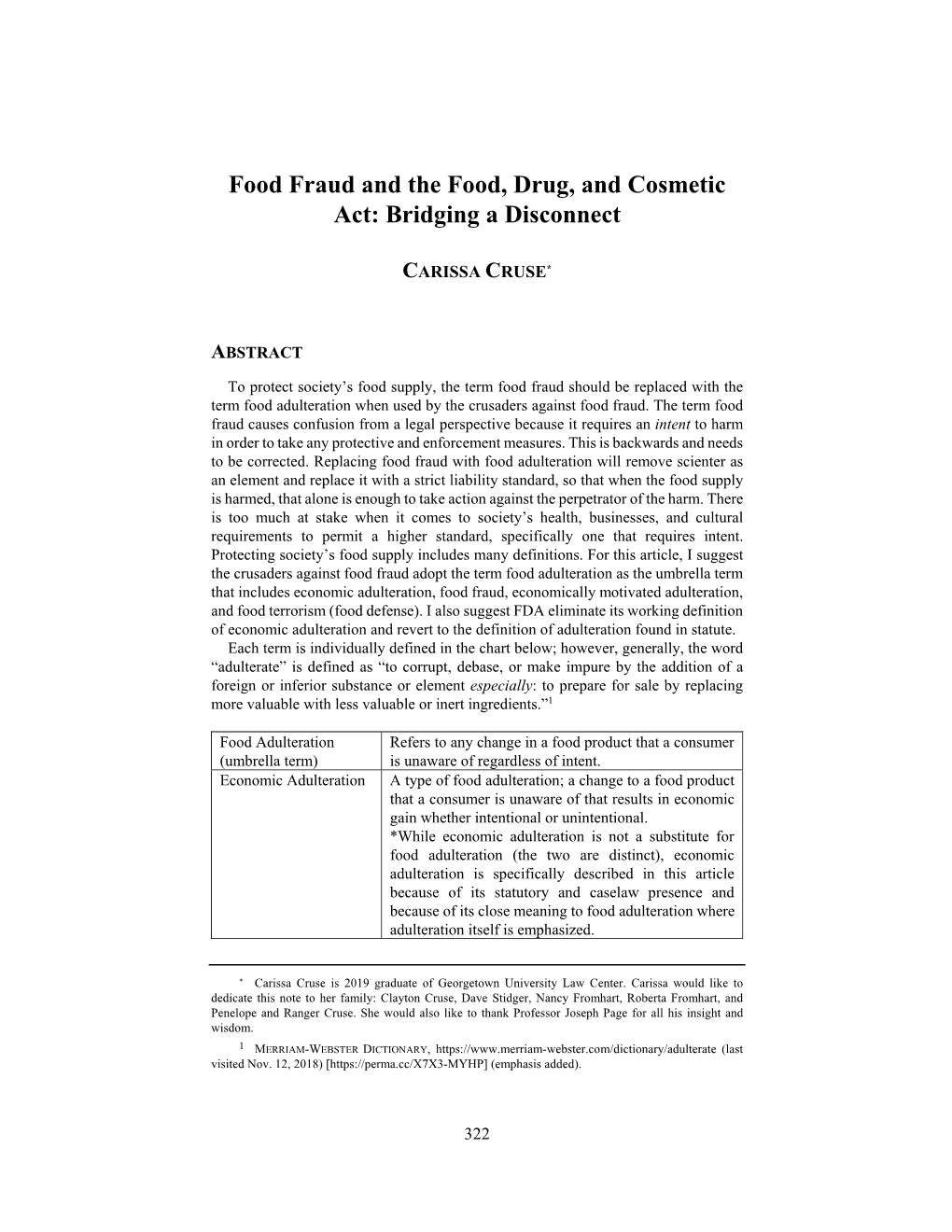 Food Fraud and the Food, Drug, and Cosmetic Act: Bridging a Disconnect