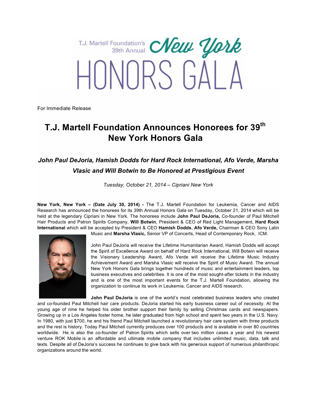 2014 T J Martell Foundation Announces Honorees for 39Th New York Honors