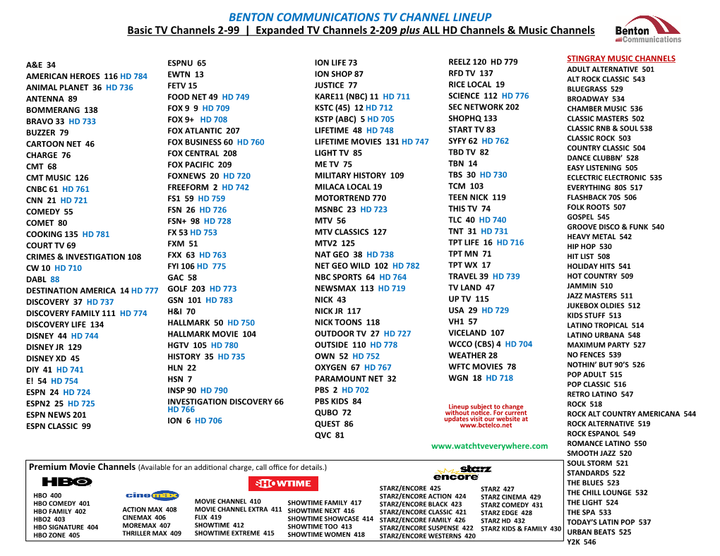 BENTON COMMUNICATIONS TV CHANNEL LINEUP Basic TV Channels 2-99 | Expanded TV Channels 2-209 Plus ALL HD Channels & Music Channels