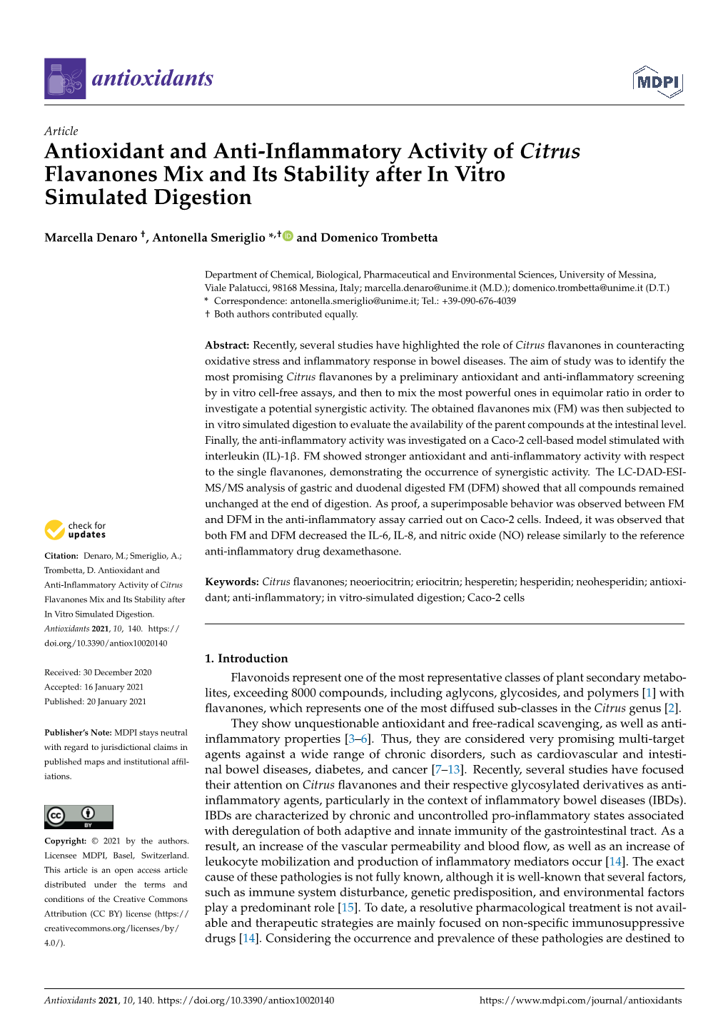 Antioxidant and Anti-Inflammatory Activity of Citrus Flavanones Mix