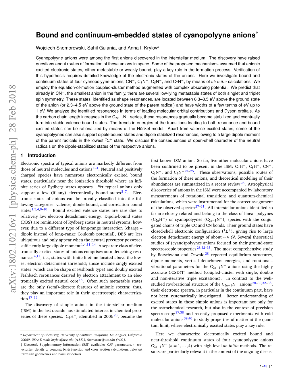 Arxiv:1802.10216V1 [Physics.Chem-Ph] 28 Feb 2018 They Play an Important Role in Their Spectroscopic Characteriza- Not Been Systematically Investigated