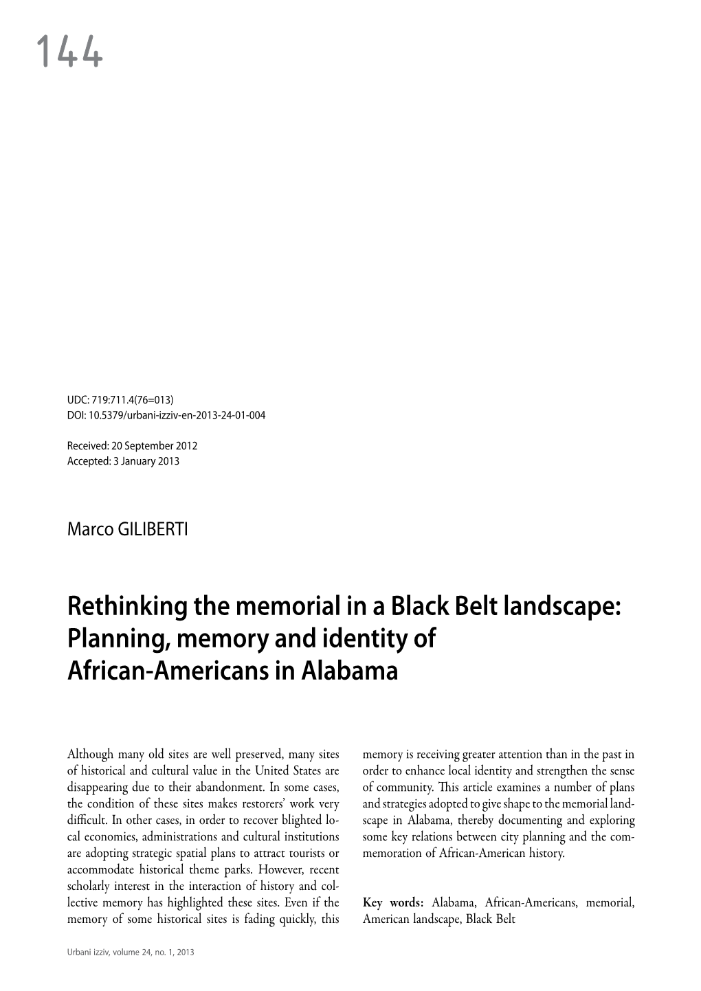 Planning, Memory and Identity of African‑Americans in Alabama