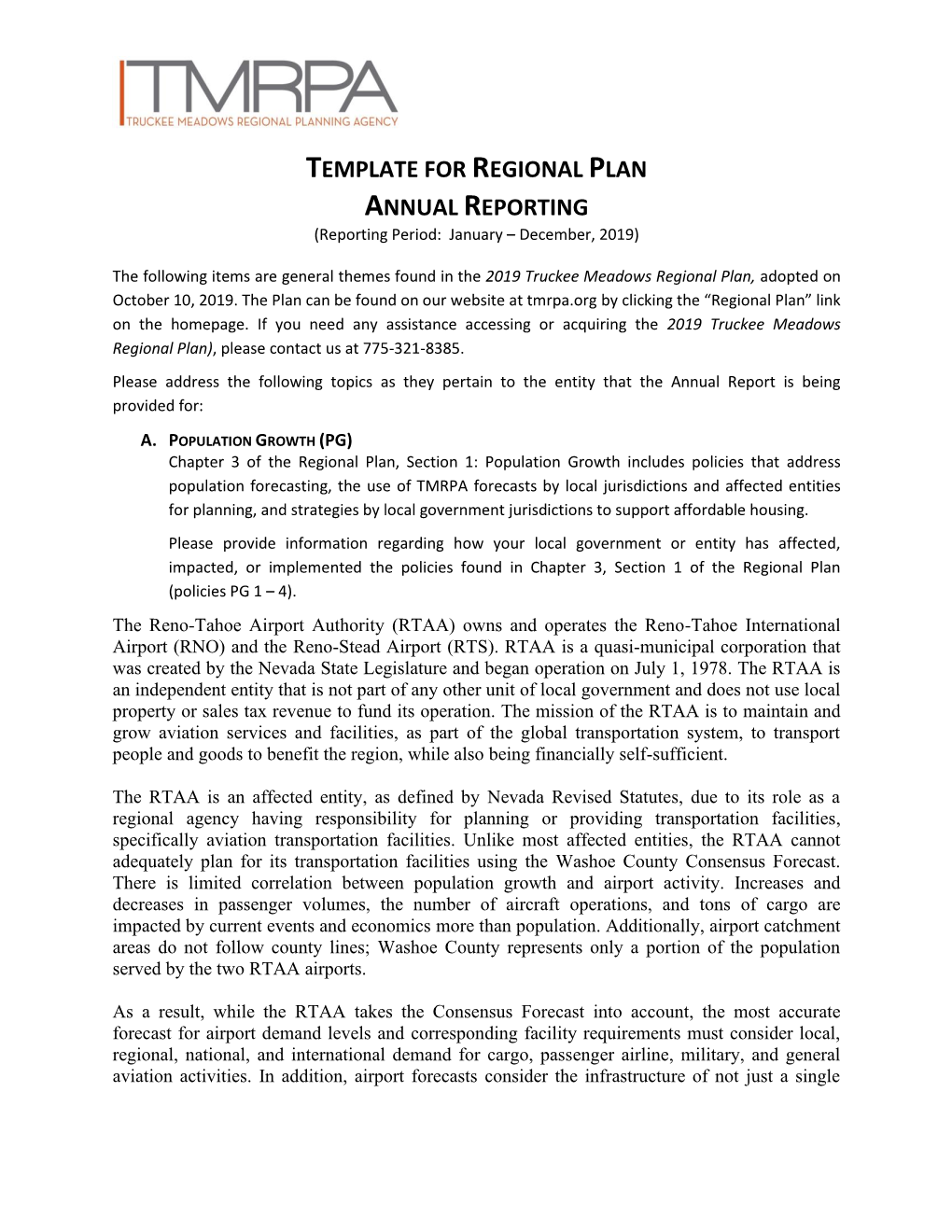 TEMPLATE for REGIONAL PLAN ANNUAL REPORTING (Reporting Period: January – December, 2019)