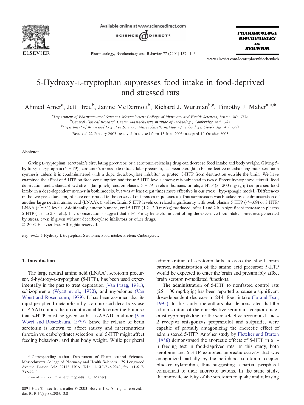 5-Hydroxy-L-Tryptophan Suppresses Food Intake in Food-Deprived and Stressed Rats