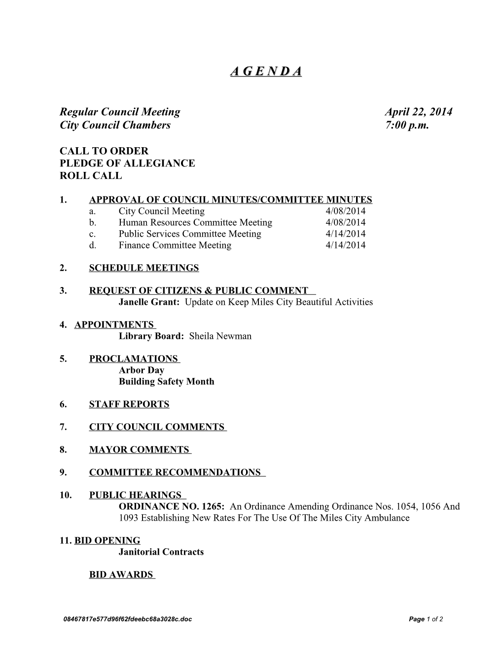 Regular Council Meeting April 22, 2014