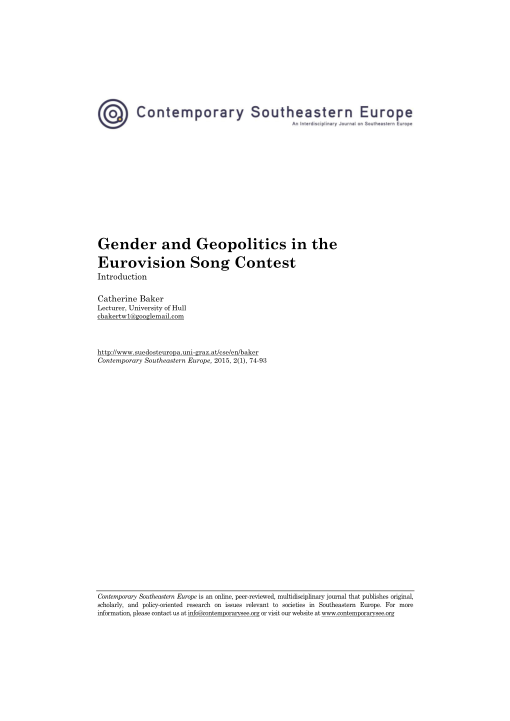 Gender and Geopolitics in the Eurovision Song Contest Introduction