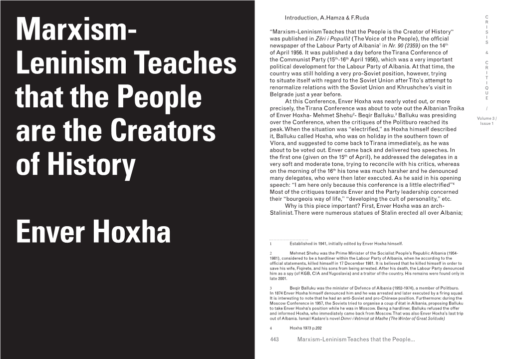 Marxism- Leninism Teaches That the People Are the Creators of History Enver Hoxha