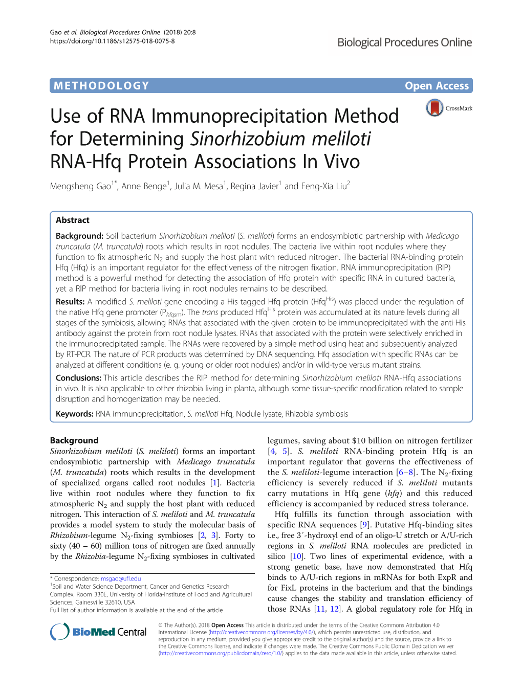Sinorhizobium Meliloti RNA-Hfq Protein Associations in Vivo Mengsheng Gao1*, Anne Benge1, Julia M