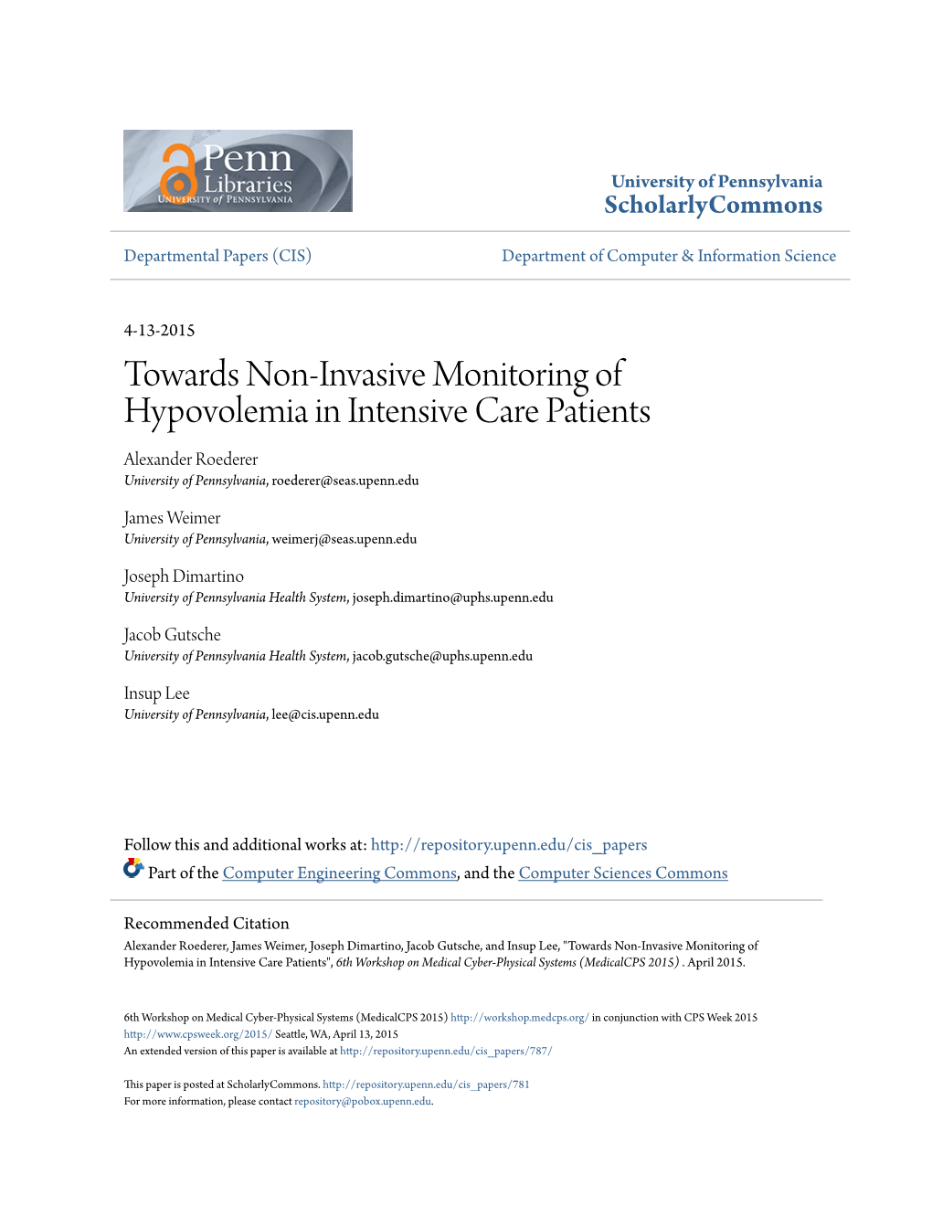 Towards Non-Invasive Monitoring of Hypovolemia in Intensive Care Patients Alexander Roederer University of Pennsylvania, Roederer@Seas.Upenn.Edu