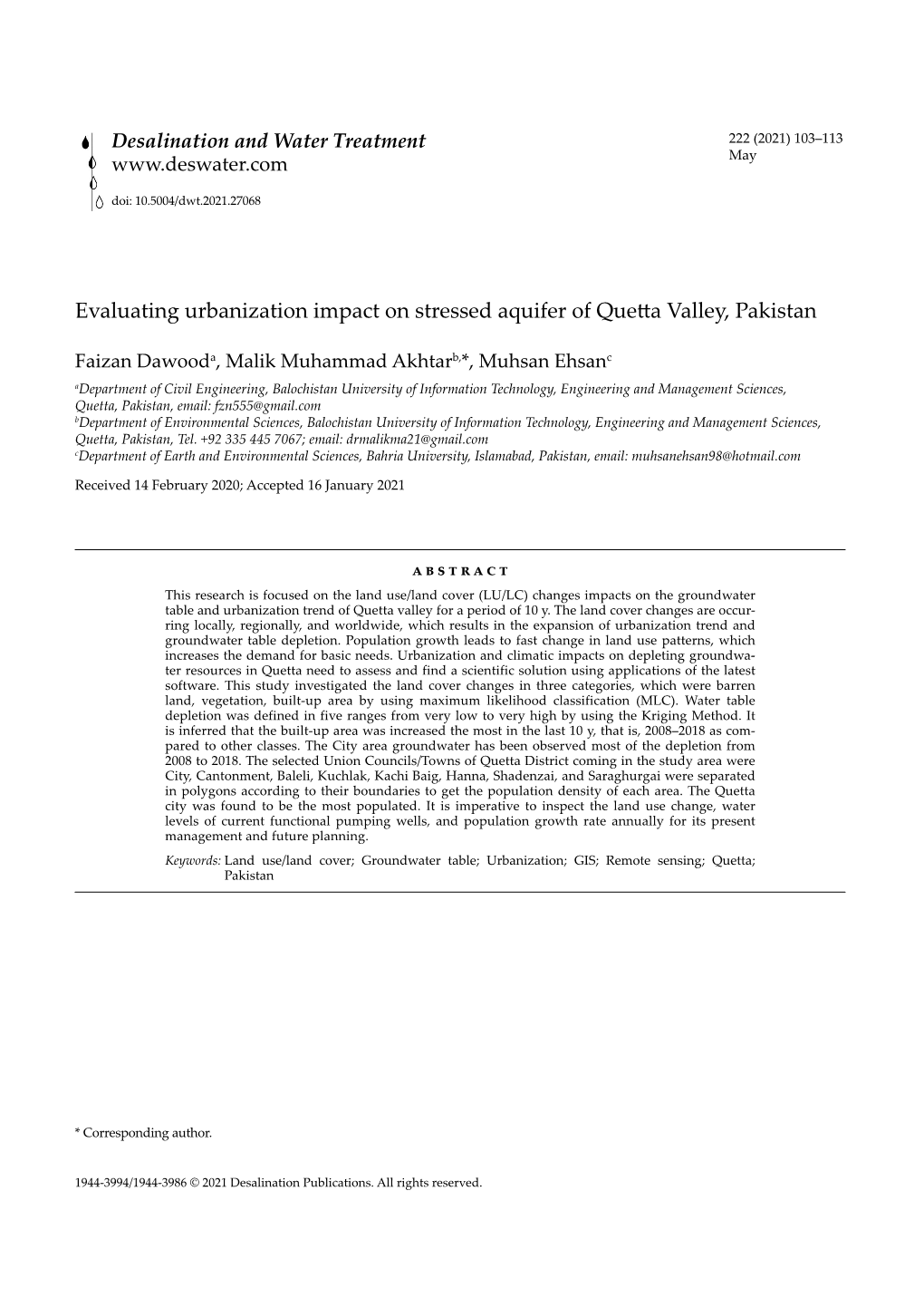 Evaluating Urbanization Impact on Stressed Aquifer of Quetta Valley, Pakistan