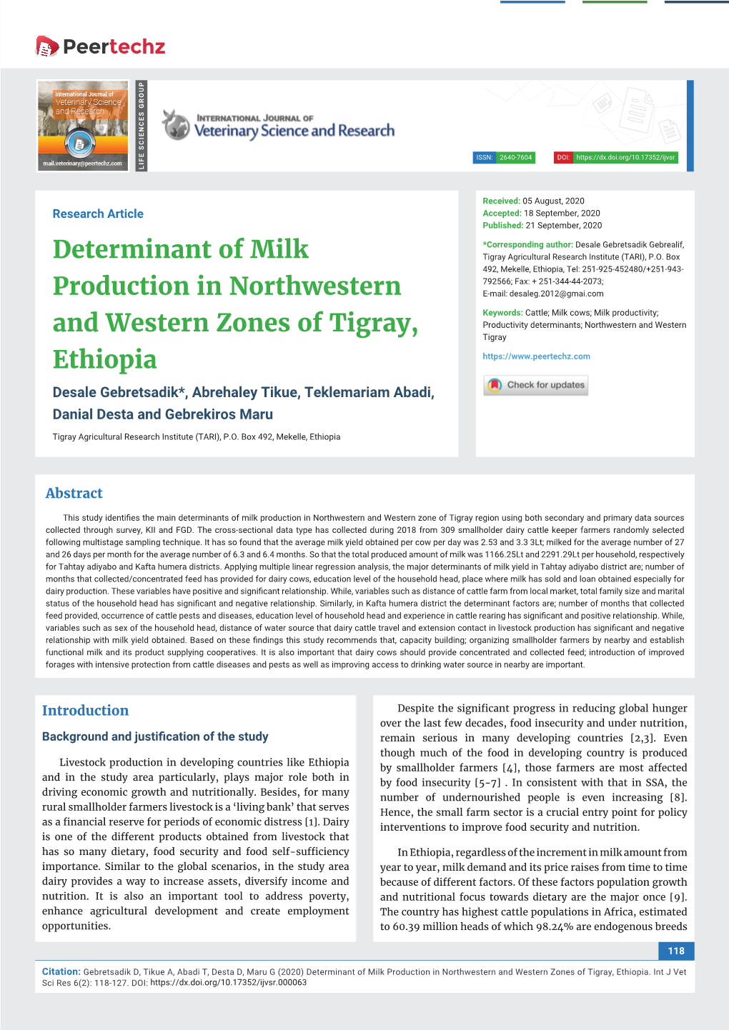 Determinant of Milk Production in Northwestern and Western Zones of Tigray, Ethiopia