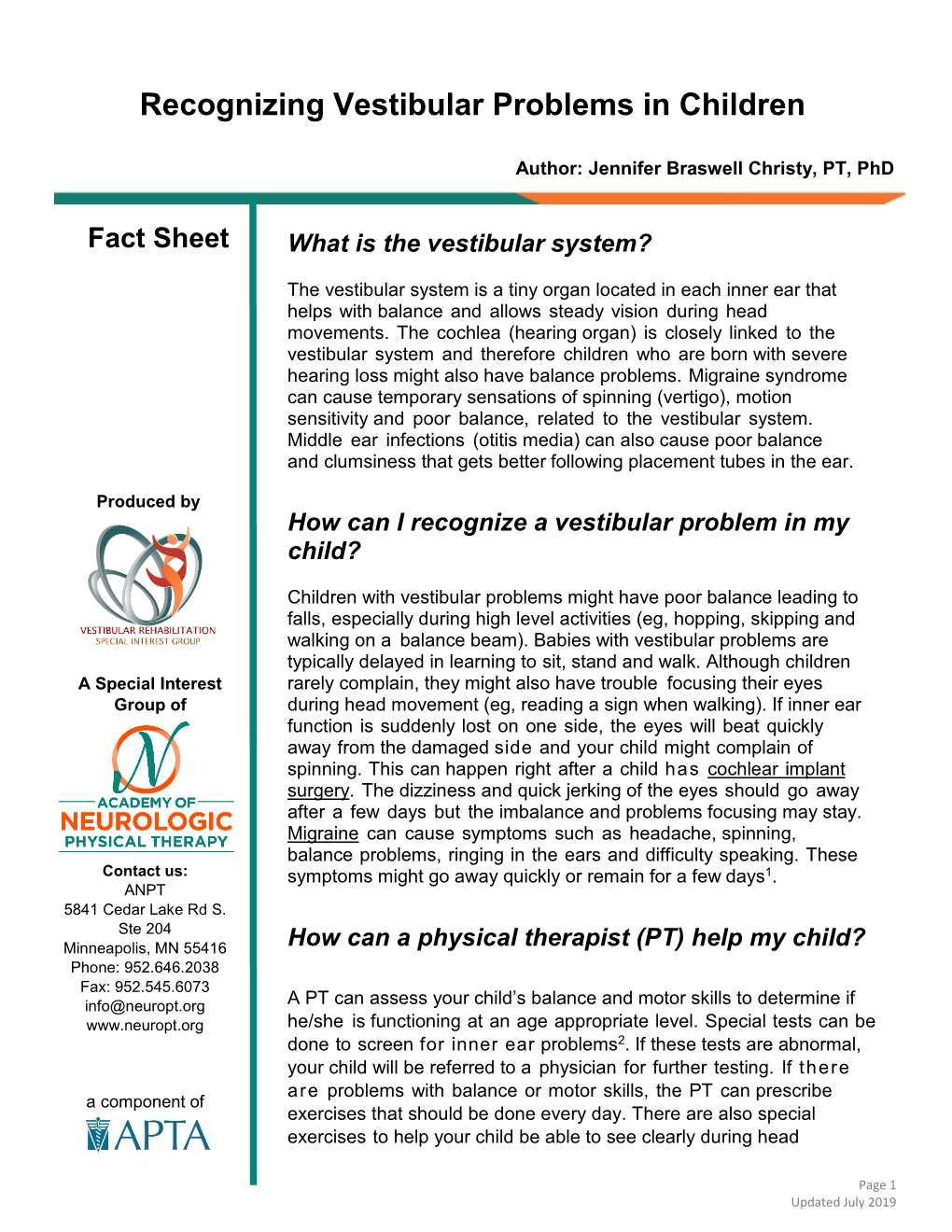 Recognizing Vestibular Problems in Children