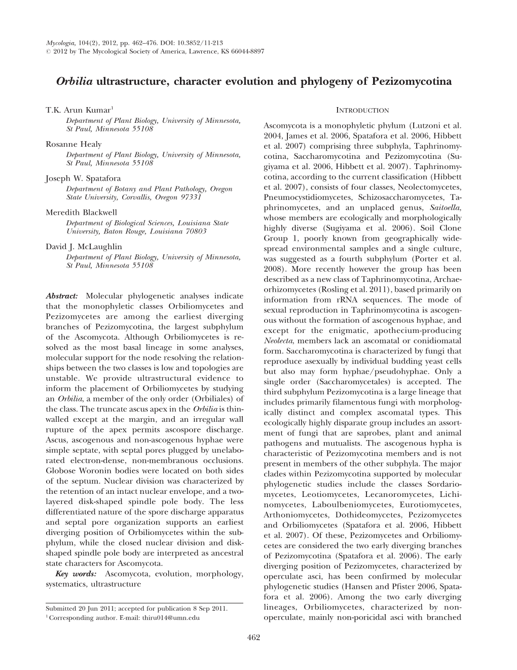 Orbilia Ultrastructure, Character Evolution and Phylogeny of Pezizomycotina