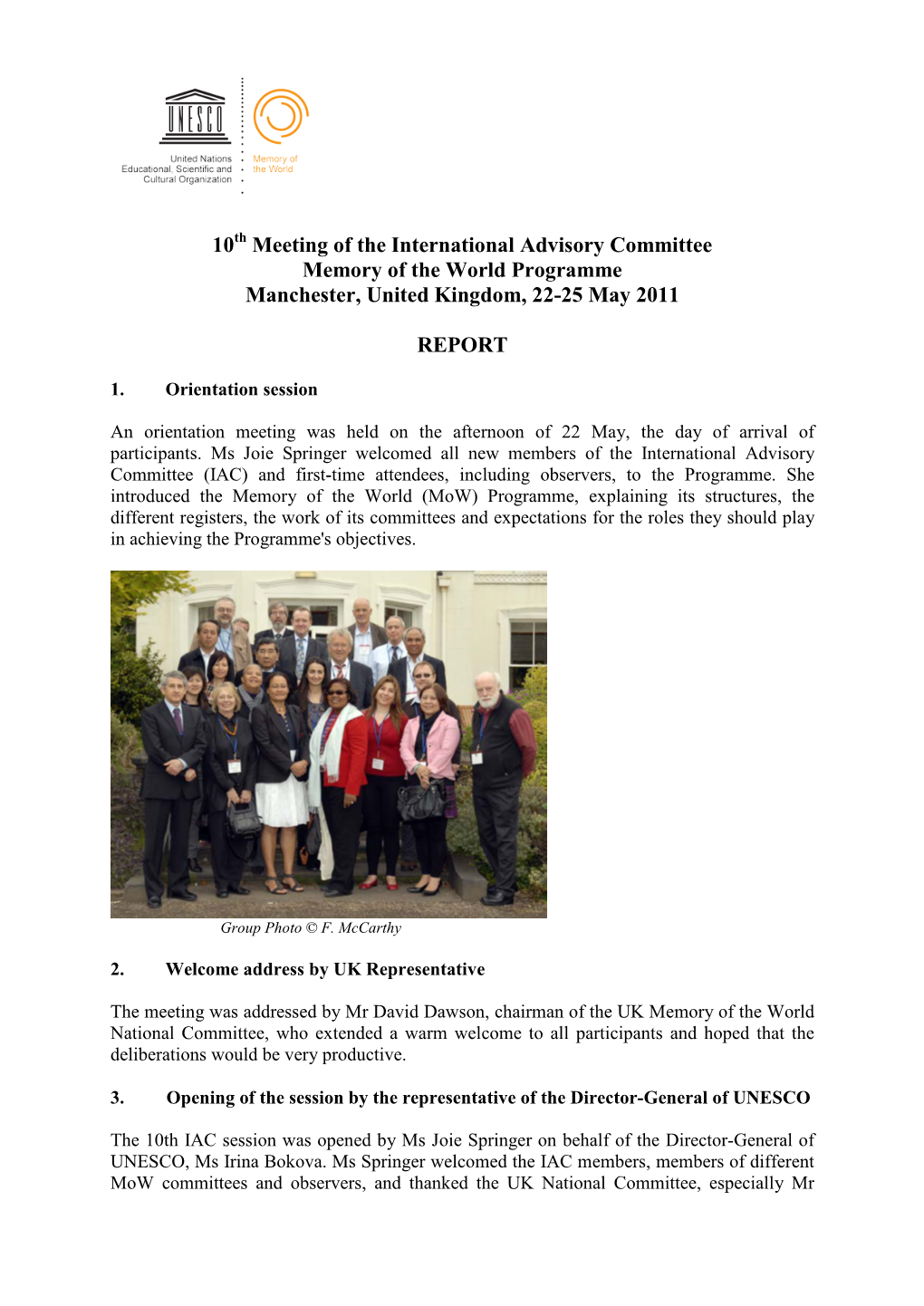 10 Meeting of the International Advisory Committee Memory of The