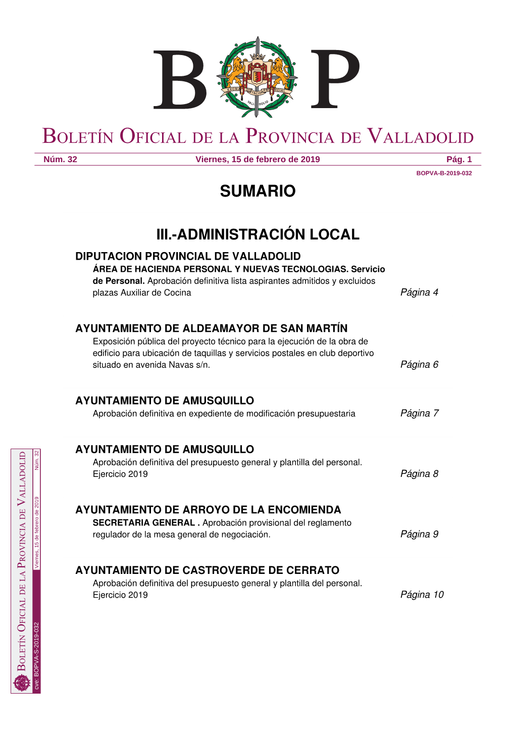 Sumario Boletín Oficial De La Provincia De Valladolid