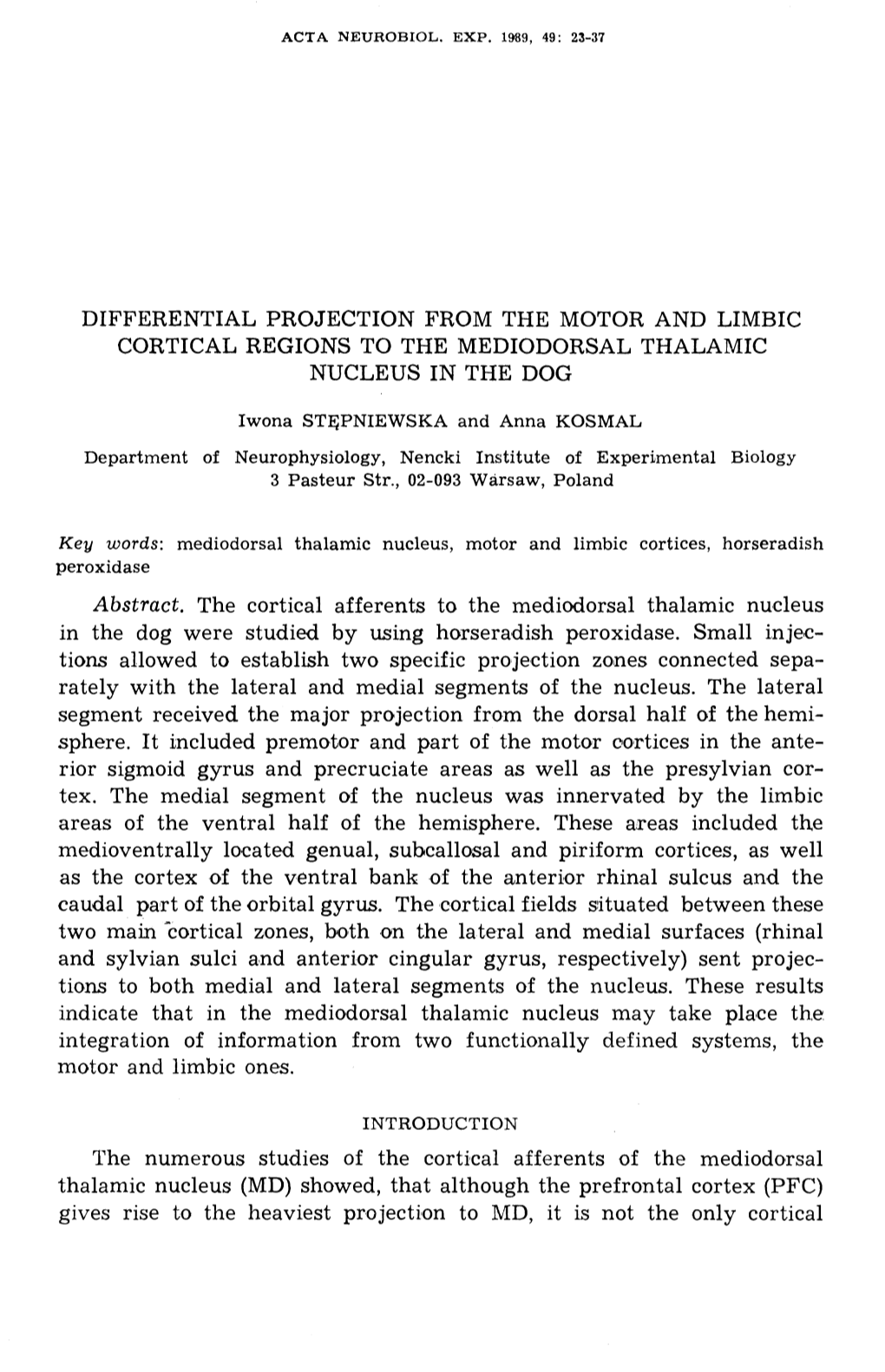 Differential Projection from the Motor and Limbic Cortical Regions to the Mediodorsal Thalamic Nucleus in the Dog