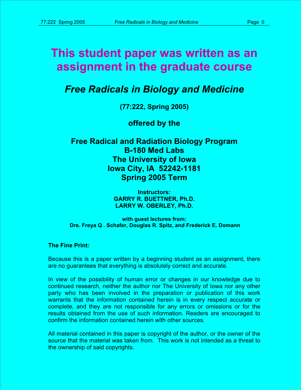 Free Radicals in Biology and Medicine Page 0