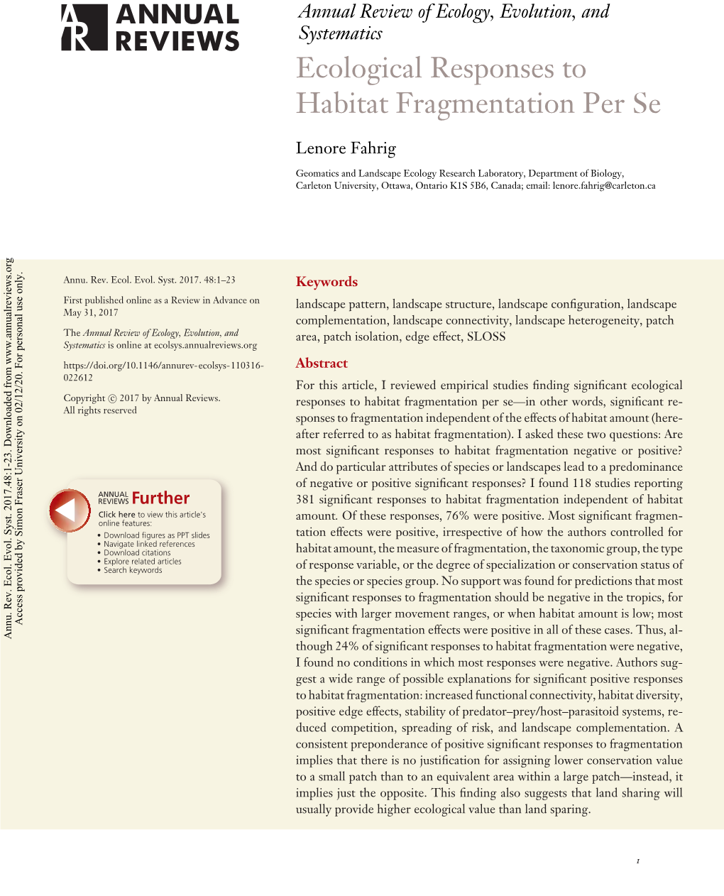 Ecological Responses to Habitat Fragmentation Per Se