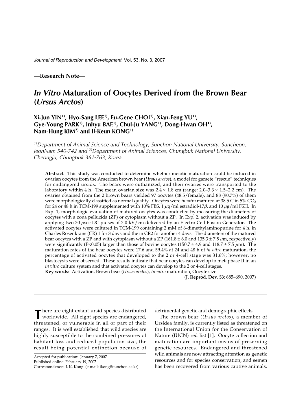 In Vitro Maturation of Oocytes Derived from the Brown Bear (Ursus Arctos)