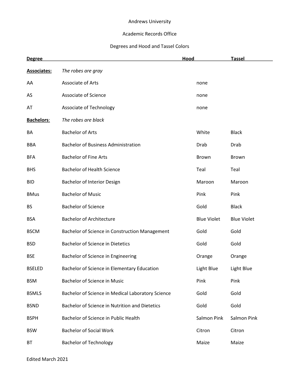 Andrews University Academic Records Office Degrees and Hood