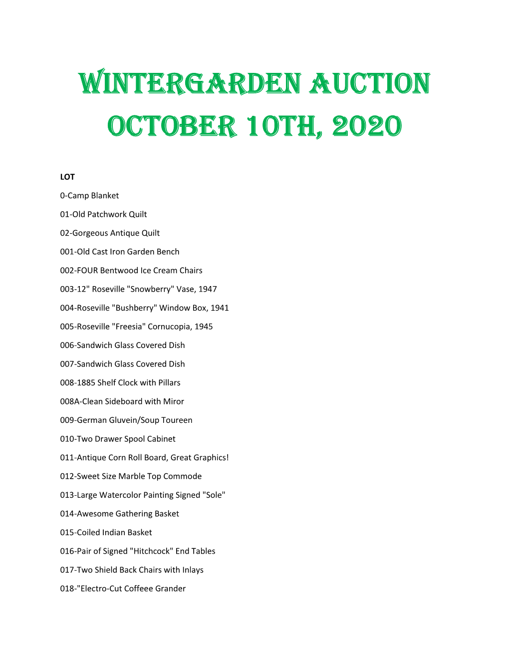 WINTERGARDEN AUCTION OCTOBER 10Th, 2020